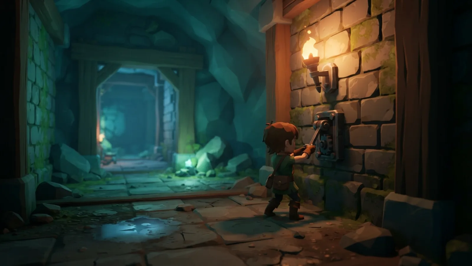 A sample game session: a young adventurer pulls a stone lever in a torch-lit dungeon.