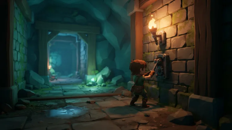 A sample game session: a young adventurer at a stone lever in a torch-lit dungeon, with the tester's webcam in the corner.